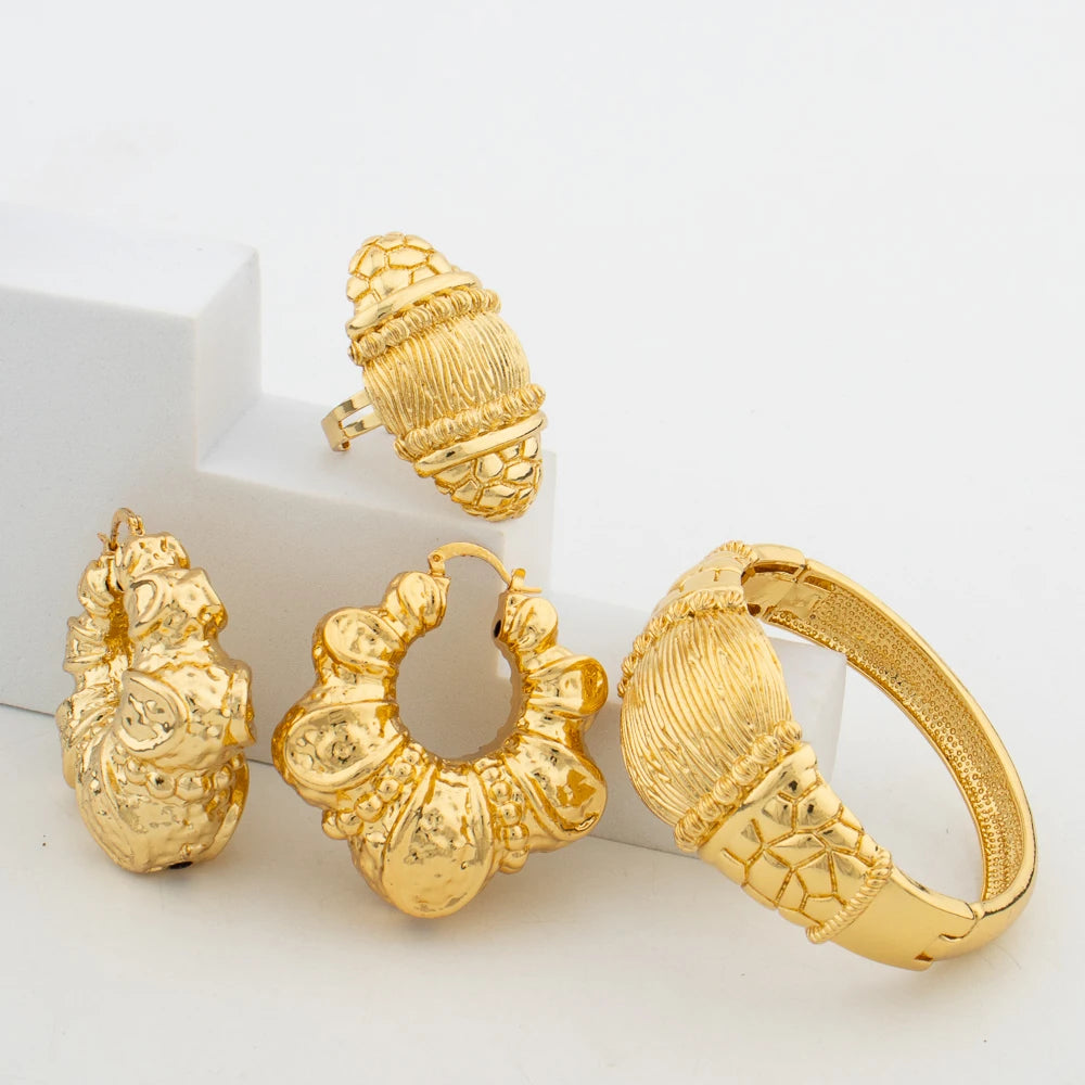 Hoop Earrings and Bangle Ring Jewelry Set for African 18k Gold Color Dangle Earrings Weddings Bridal Earrings Bangle Jewelry Set