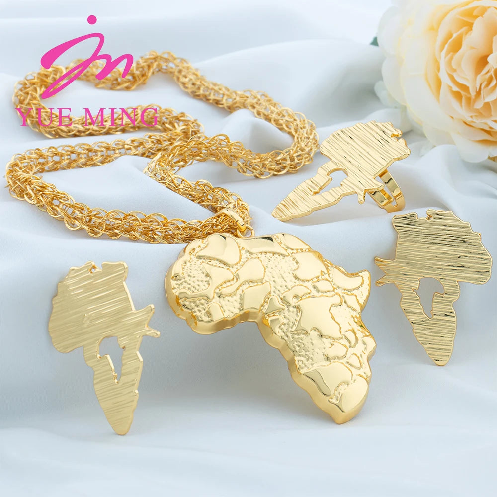 Dubai Gold Color Jewelry Sets for Women Copper Necklace African Map Pendant Earring Nigeria Bridal Wedding Party Gift 60cm Chain - YUEMING JEWELRY