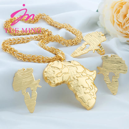 Dubai Gold Color Jewelry Sets for Women Copper Necklace African Map Pendant Earring Nigeria Bridal Wedding Party Gift 60cm Chain - YUEMING JEWELRY