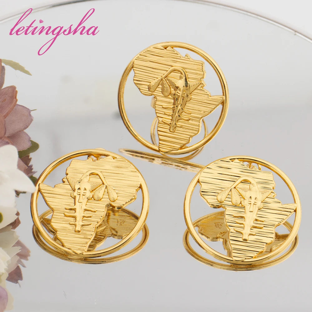 African Map Shape Gold Color Earrings Ring Jewelry Set for Women Clip Earrings and Finger Ring 2Pcs Set Weddings Daily Wear