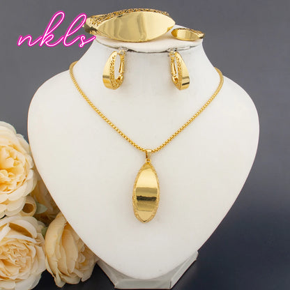 Tone Dubai Necklace Hoop Earrings Ring Bracelet Pendant Set for Women, African Jewelry Gift, Elegant Jewelry Women Set