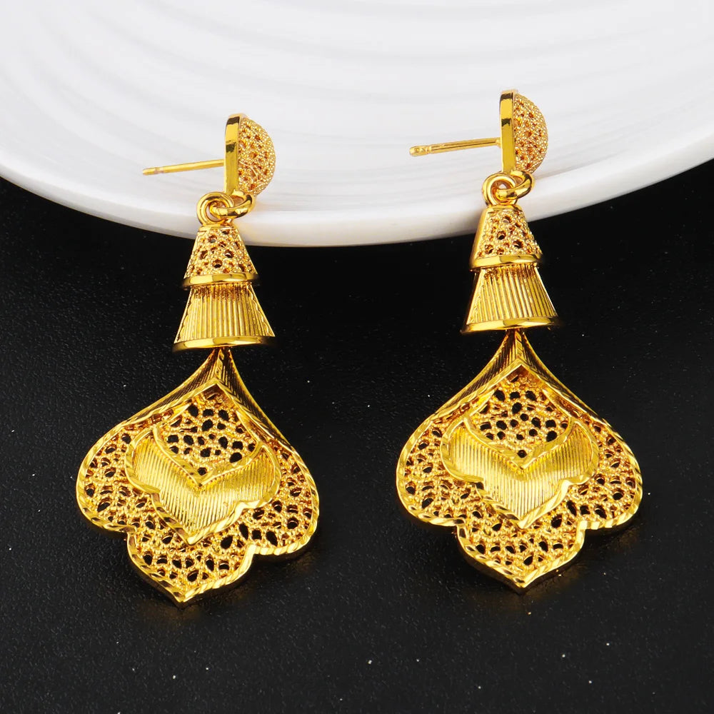 Fancy Gold Plated Necklace Earrings Set Women Indian Dubai Wedding Party Combo