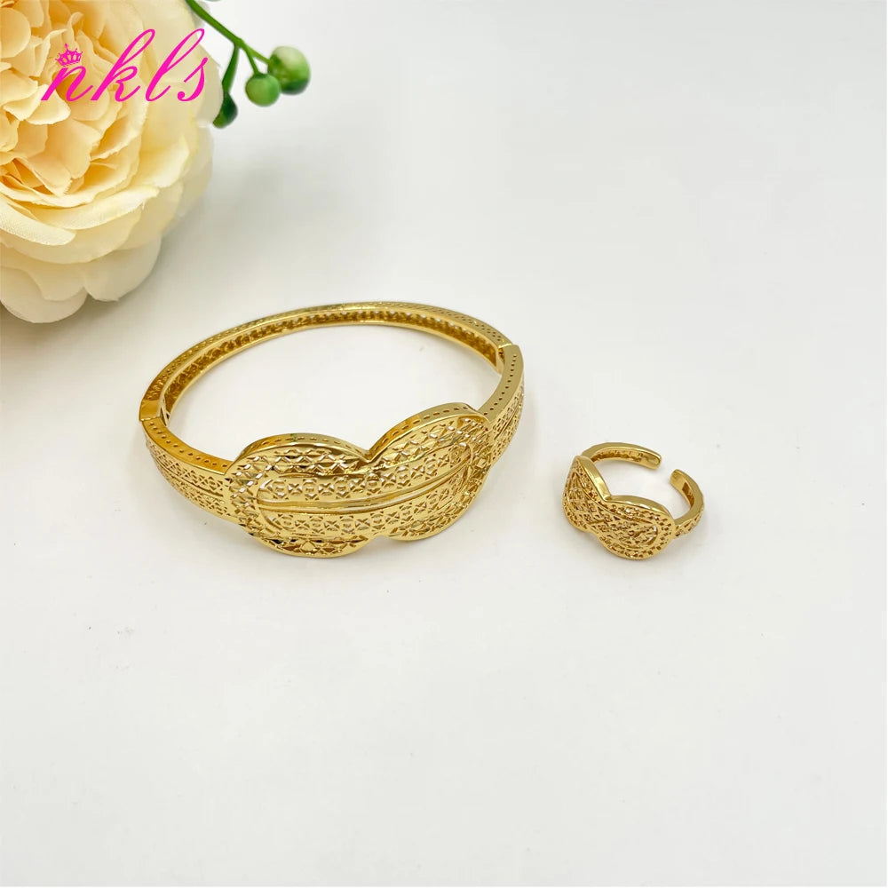 African Gold Color Jewelry Set for Women Arab Dinner Party Cuff Bangle and Ring Dubai Weddings Bride Jewelry Accessories Gifts