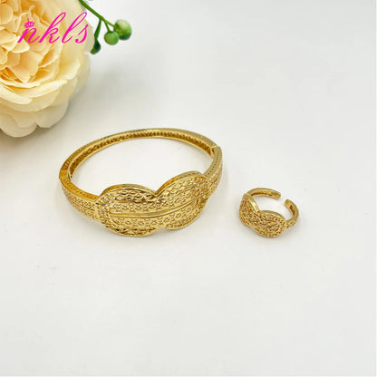 African Gold Color Jewelry Set for Women Arab Dinner Party Cuff Bangle and Ring Dubai Weddings Bride Jewelry Accessories Gifts