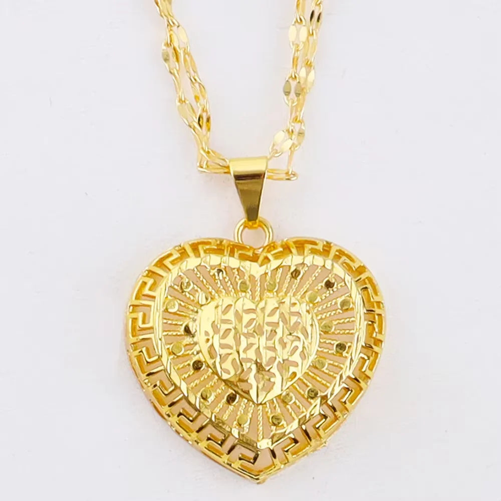 Dubai Heart Shape Necklace Earrings 24K Gold Plated Jewelry Set Women African Indian Nigerian Bride Wedding Party Gift Jewelry
