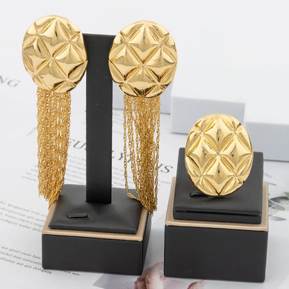 YM 18k Gold Plated Jewelry for Nightclub Queen Fashion Luxury Bridal Wedding Jewellery Accessory Long Tassel Earrings Rings Set