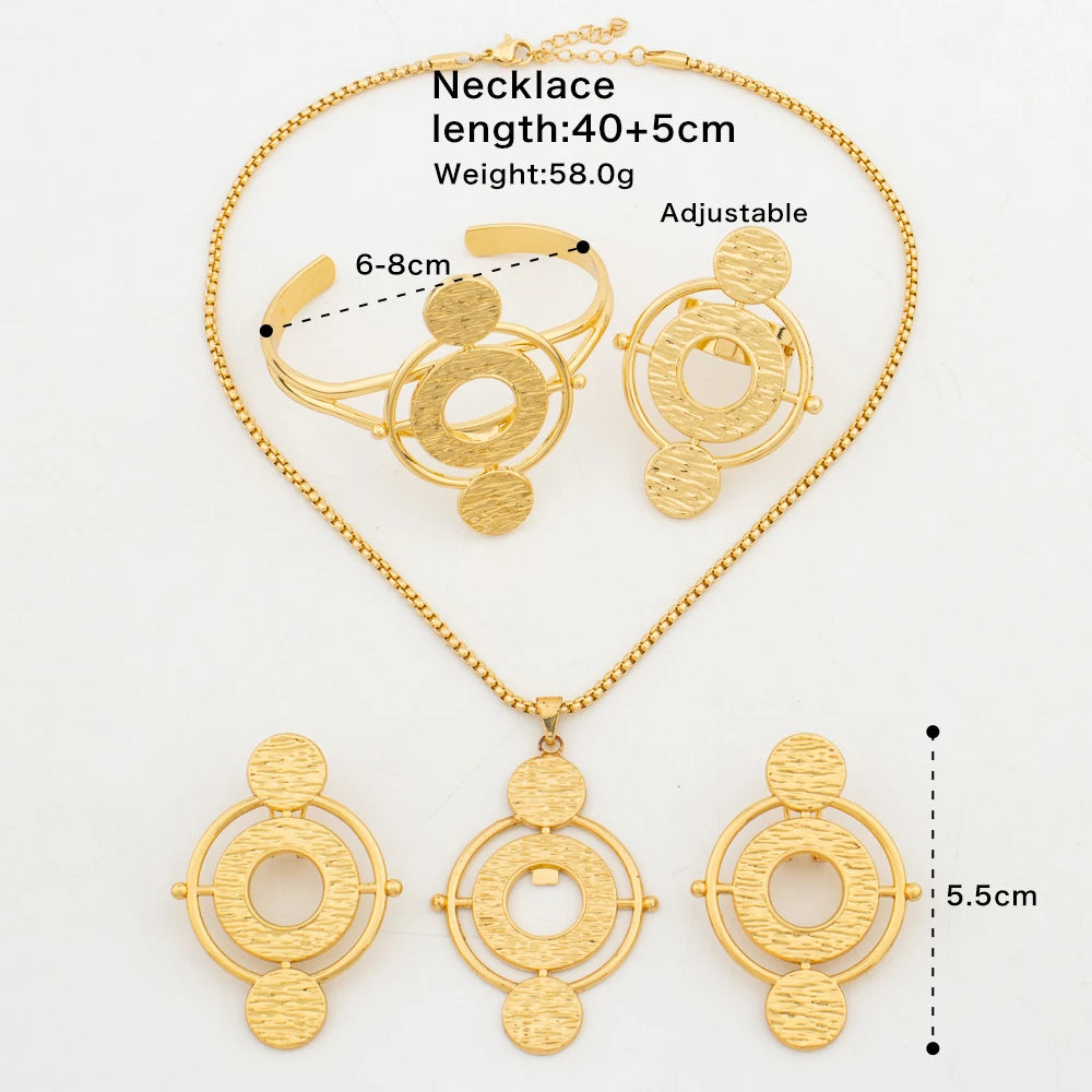 New Fashion Earrings Necklace 4PCS Jewelry Set for Women Round Design Lady African Cuff Bangle Ring Jewelry Daily Christmas Gift