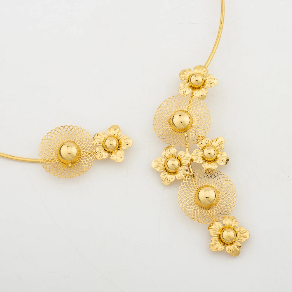 Trend Gold Color Necklace and Earrings Jewelry Set for Party Flower Design Necklace and Earrings Bracelet Ring Set for Weddings