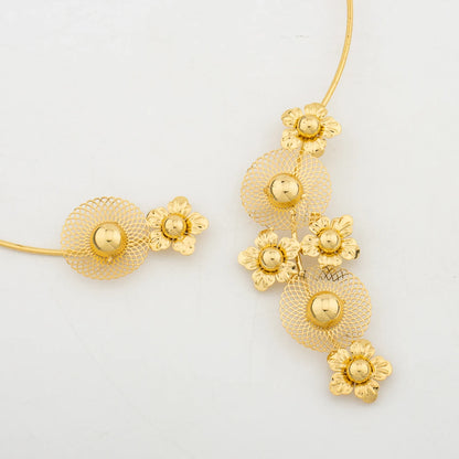 Trend Gold Color Necklace and Earrings Jewelry Set for Party Flower Design Necklace and Earrings Bracelet Ring Set for Weddings