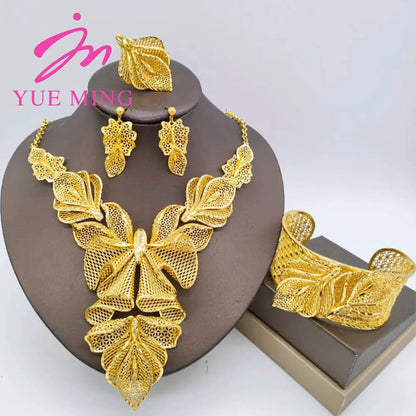 YM Gold Plated Jewelry Set for Women Copper Necklace Earrings Dubai African Party Bridal Wedding Gifts Arabic Cuff Bangles Rings