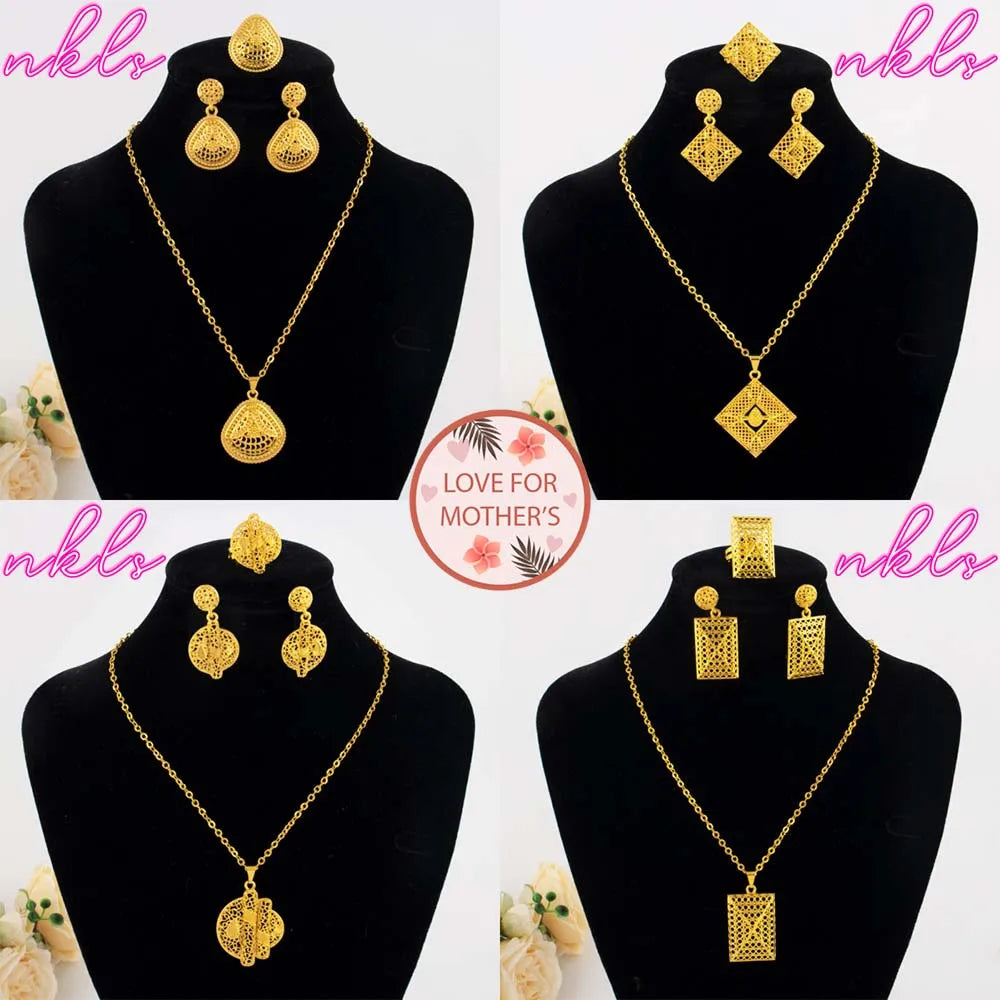 Mid East plated 3pcs Jewelry Set For Women India Dubai Jewelry Geometry Earrings Necklace Ring Set Apply for Party Wedding