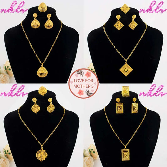 Mid East plated 3pcs Jewelry Set For Women India Dubai Jewelry Geometry Earrings Necklace Ring Set Apply for Party Wedding