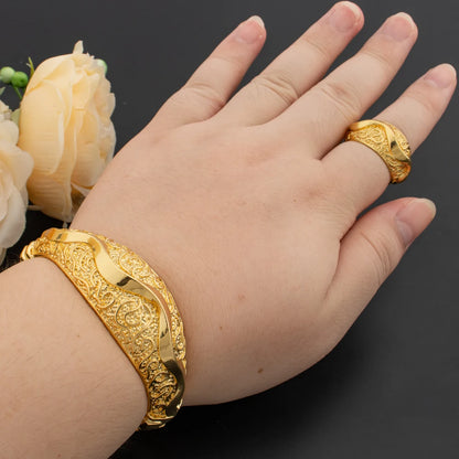 Arab Luxury Cuff Bangle & Ring Set for Women, Classic Daily to Party Gift, Elegant Jewelry Women Set