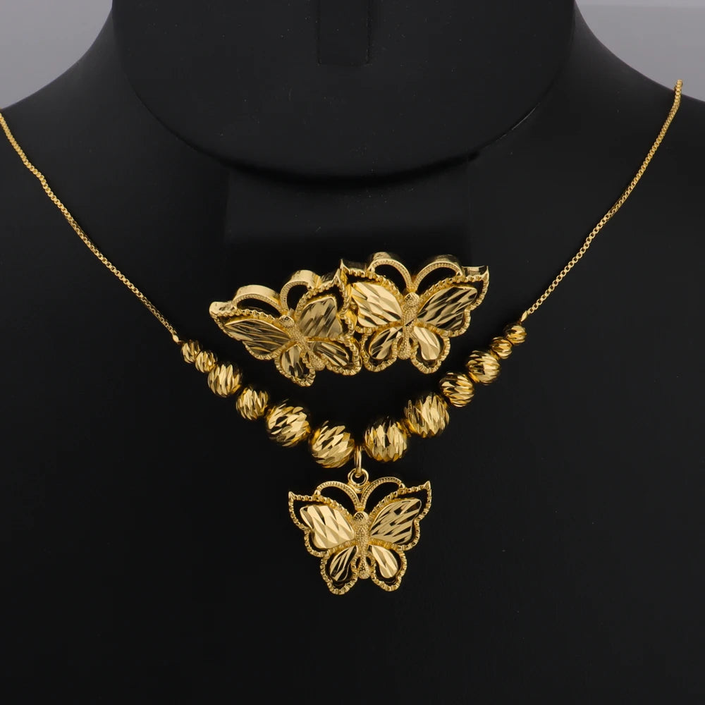 Dubai Gold Color Butterfly Necklace Earrings Ring Personalized Jewelry Set For Family Daily Wear Wedding valentine day gift