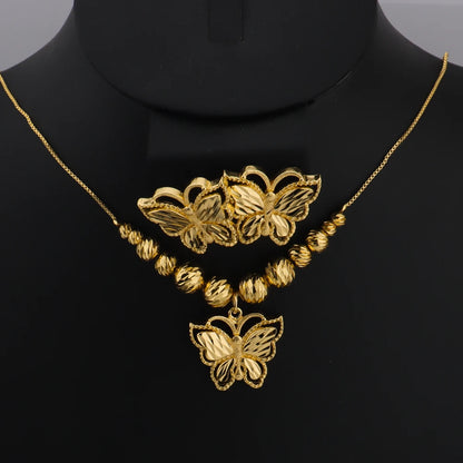 Dubai Gold Color Butterfly Necklace Earrings Ring Personalized Jewelry Set For Family Daily Wear Wedding valentine day gift