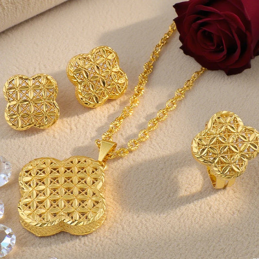 Dubai Gold Plated Earrings Necklace Bangle Ring Sets For Women India Luxury Flower Shape Jewelry Sets for Banquet Wedding Gift