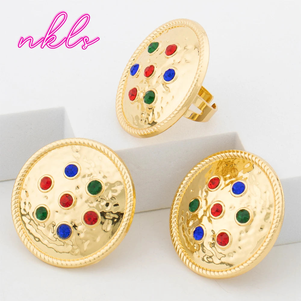 Dubai Round Jewelry Set for Women  Luxury African Bangle Earrings Necklace Ring Wedding Party Gift earring set je