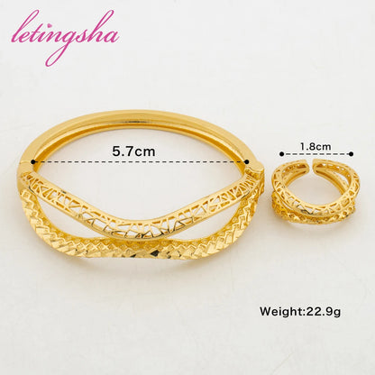 African 18k Gold Color Bracelet Ring Set for Ladies Classic Geometry Design Bangle with Ring 2pcs Set for Birthday Gifts