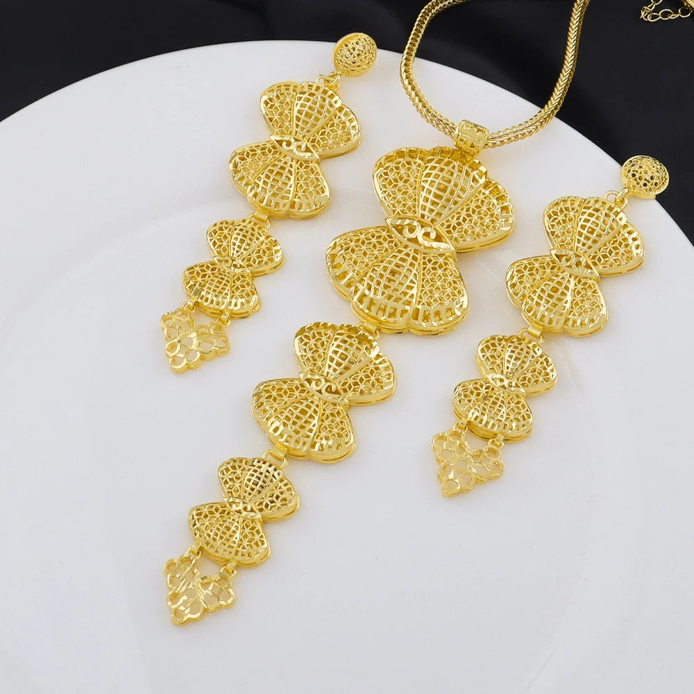 Dubai African 24K Gold Plated Shell Shape Necklace Earrings 3pcs Set for Women Gold Color Party Wedding Banquet Jewelry Gift