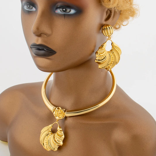 18K Gold Dubai Flower Pendant Necklace & Earring Set for Women – Hollow Bangle Ring Jewelry Set, African Bride Gift