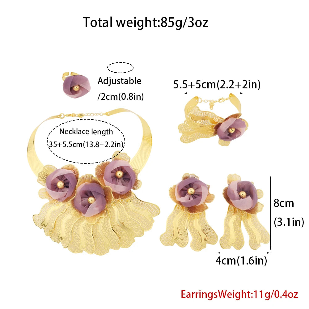 Luxury Noble Gold Plated Big Necklace Earrings Bracelet Ring for Women Purple Flower Shaped Jewelry Gift for Party Wedding