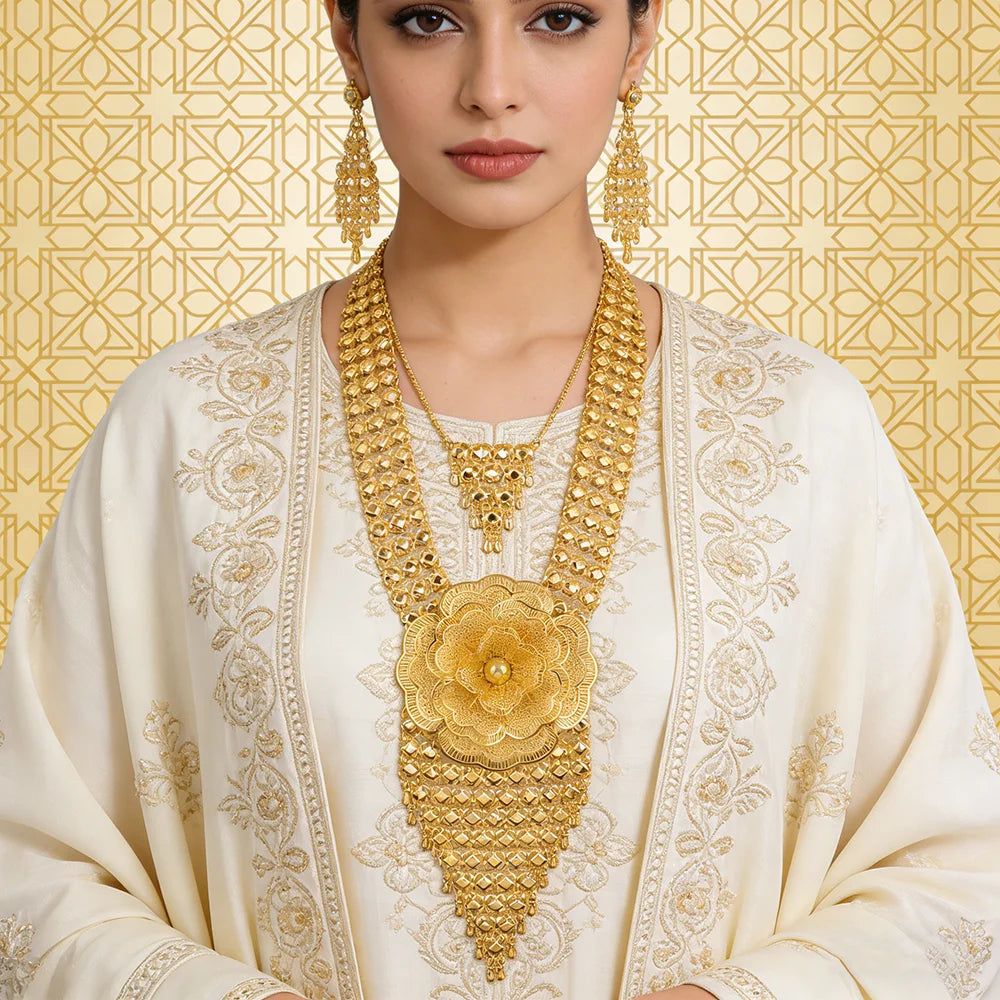 24K Gold Color Long Chain Necklace Earrings Set New Indian Nigerian Bridal Wedding Ethiopian Luxury Party Jewelry Wholesale Gift