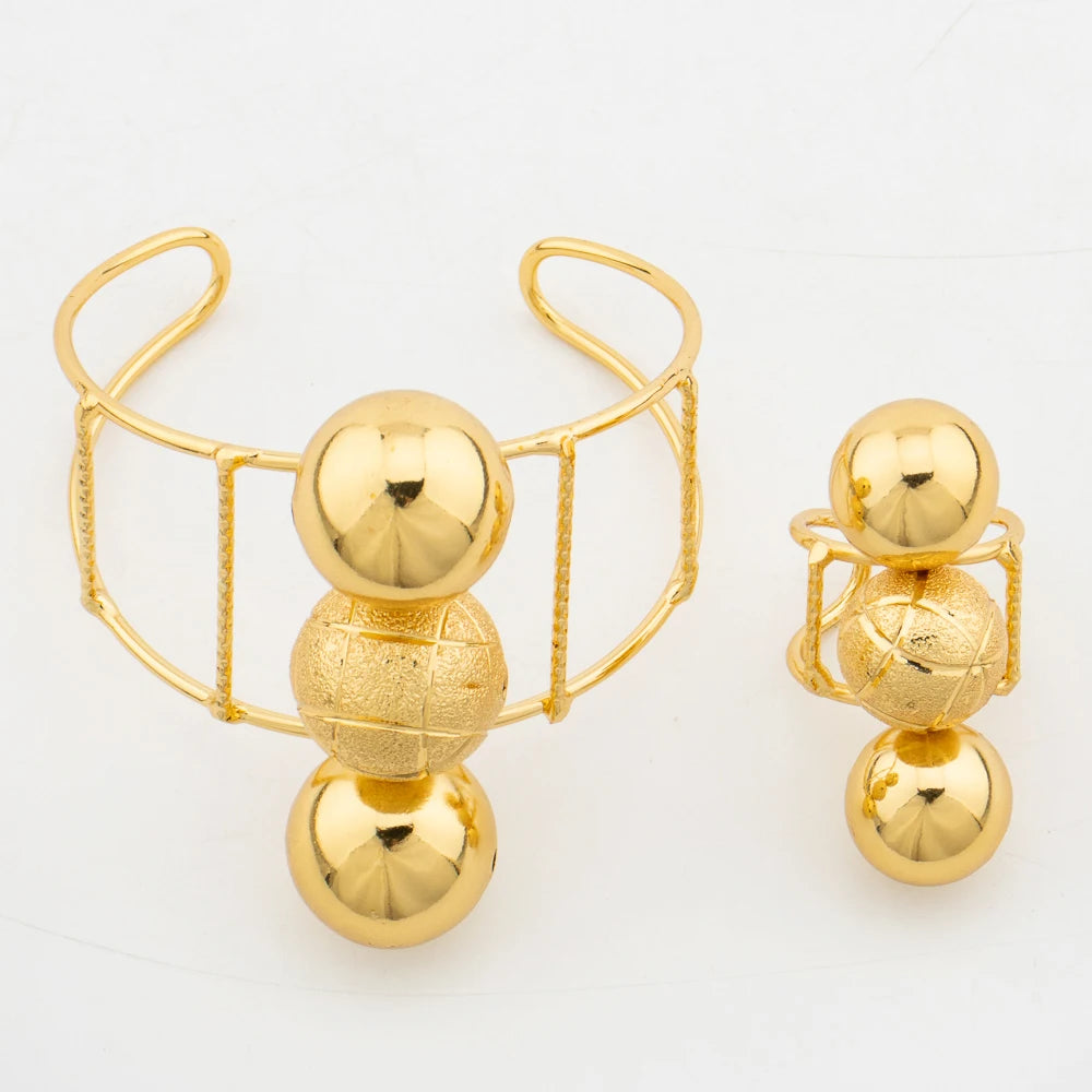 2024 Trend Jewelry Set for Women Gold Color Beads Necklace and Clip Earrings with Bracelet Ring Set for African Dubai Weddings