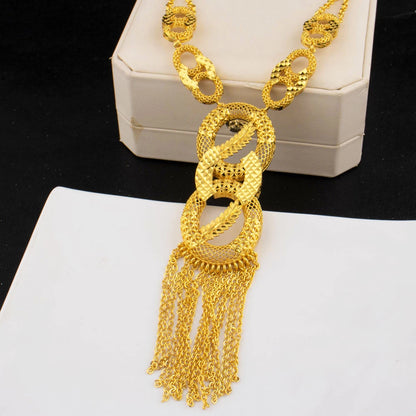 Luxury Gold Plated Long Chain Necklace Earrings Set for Women India Noble Nigeria Bride Jewelry Gift for Wedding Party