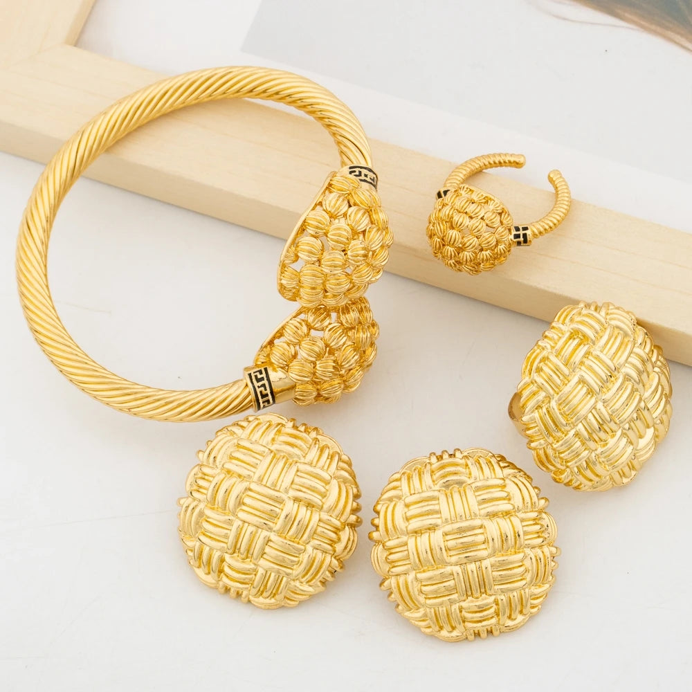 Cuff Bangle with Ring Jewelry Set for African 18k Gold Plated Beads Design Bangle and Finger Ring Set for Dubai Engagement Gifts