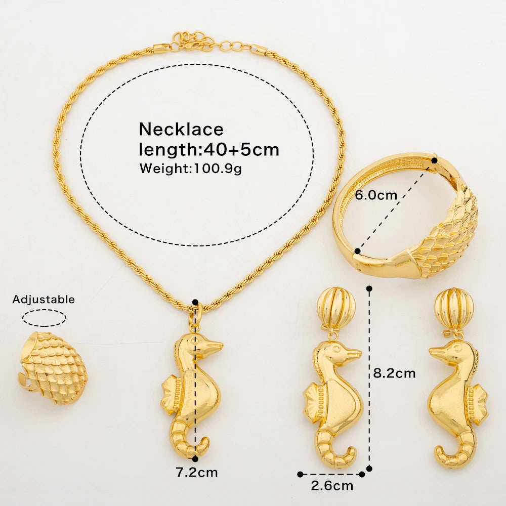 Gold Plated Jewelry Sets for Women Fashion Hippocampus Drop Earrings Personality Necklace Wave Bracelet Open Ring Feast Bijoux