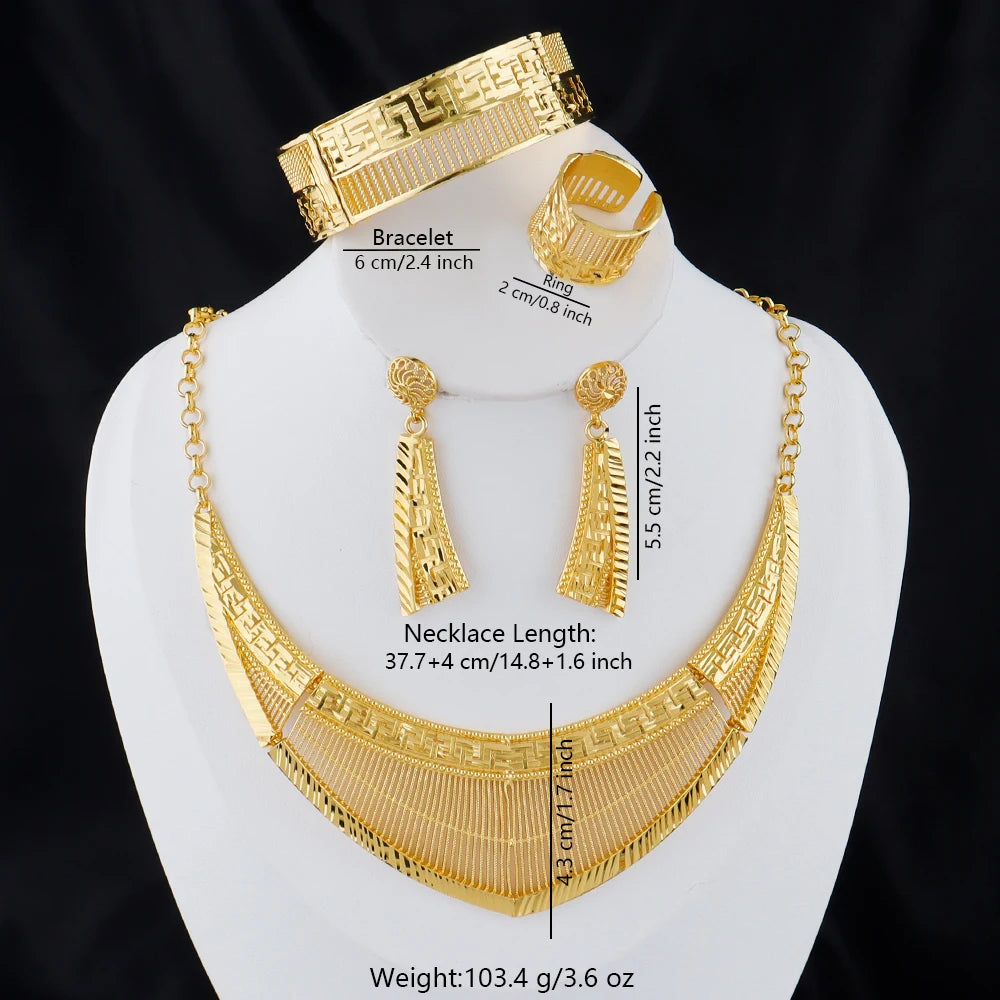 France Luxury 24k Gold Color Jewelry Set For Women Dubai Bridal Wedding Necklace Earrings Bracelet Ring Sets  Anniversary Gifts