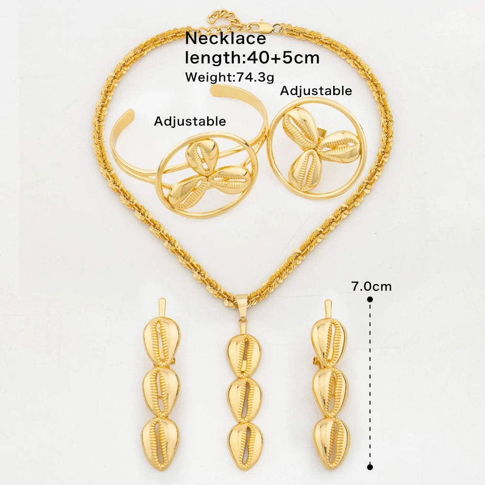 Fashion Women 4PCS Jewelry Set for Women African Hollow Shell Shape Necklace Earrings with Bangle Ring for Engagement Party Gift