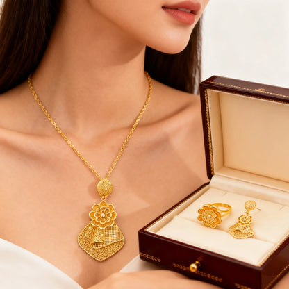 Tone African Floral Motif Bridal Necklace And Earring Set Lightweight Alloy Dubai-Nigeria Wedding Gift Wholesale Boxed