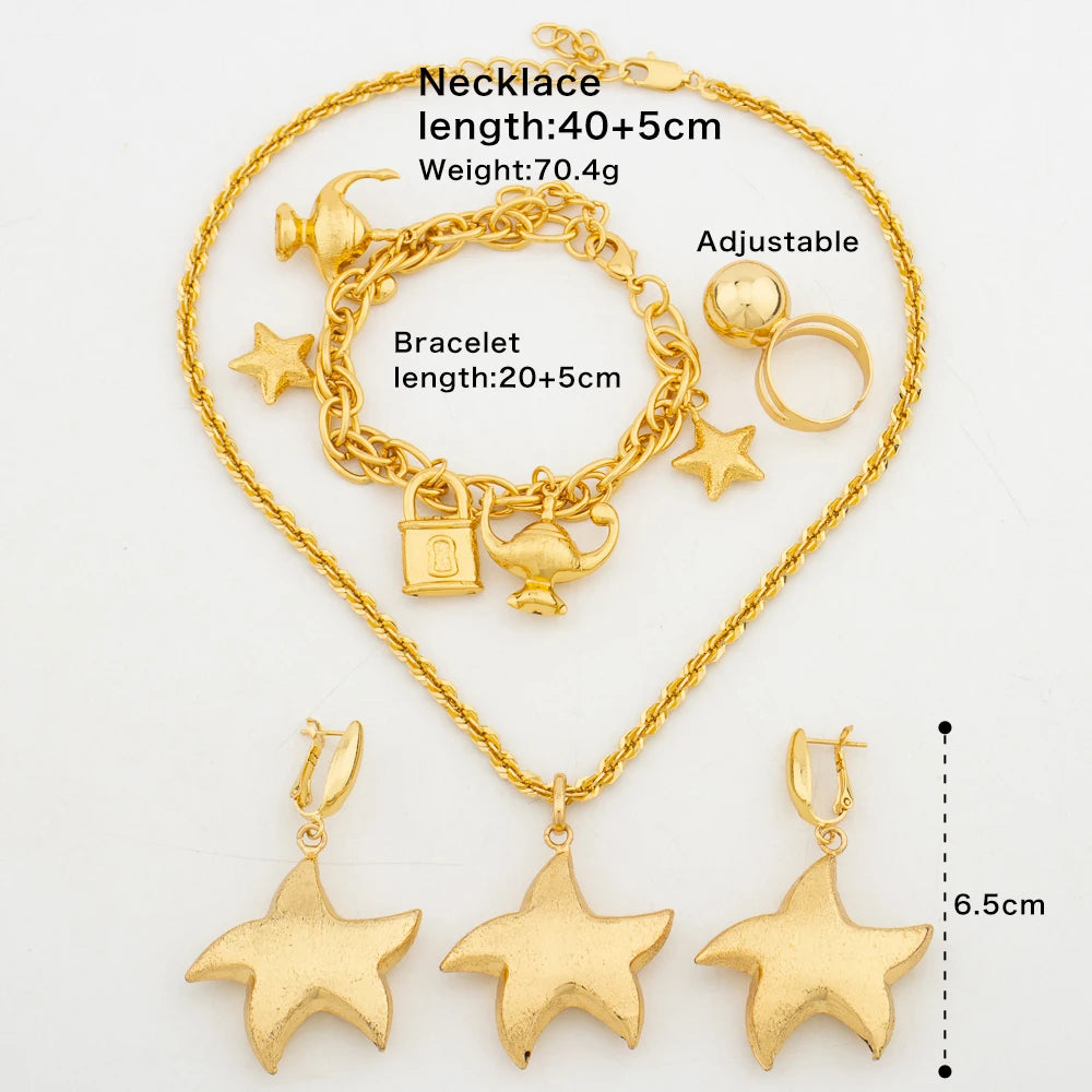 Lovely Gold Color Jewelry Set for African Ladies Cute Pendant Necklace and Dangle Earrings with Bracelet Ring Set for Engagement