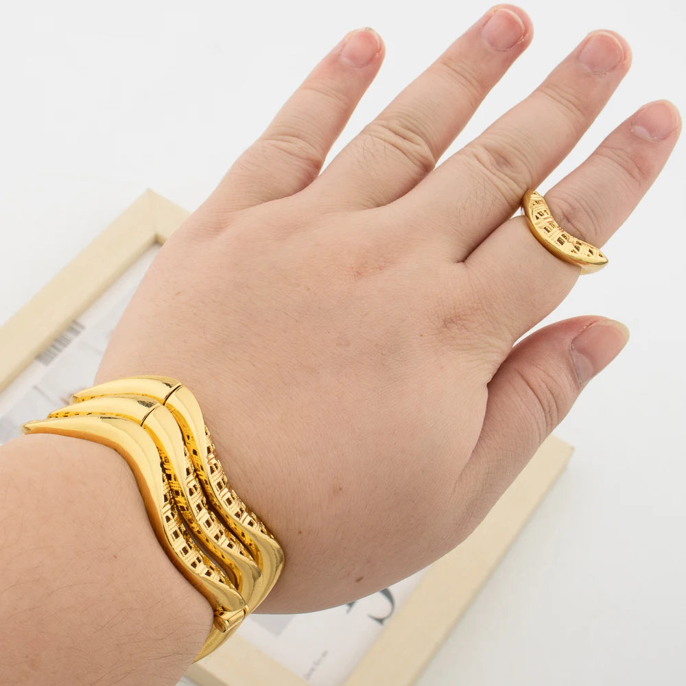 3Pcs/lot Bangles with Ring Jewelry Set for Party African Gold Color Hand Bracelet Cocktail Ring 2Pcs Set for Engagement Party