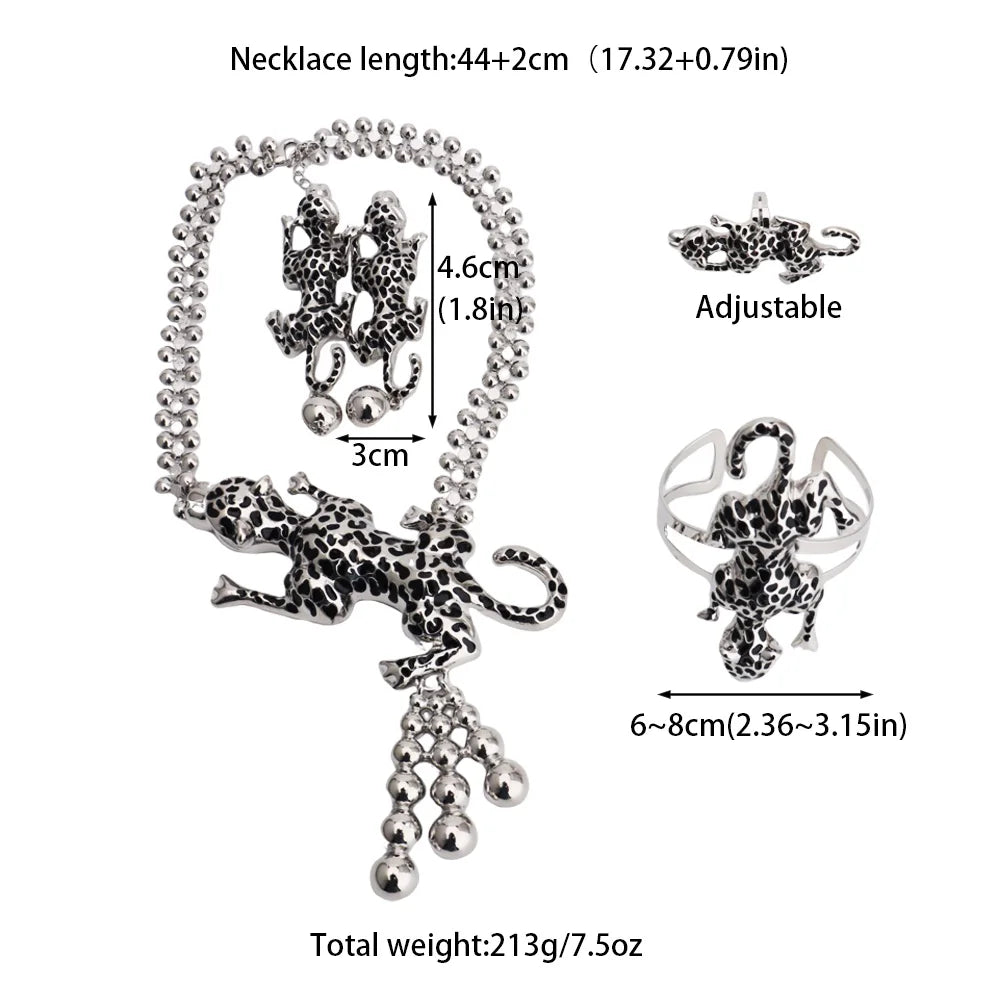Tone Africa Leopard Enamel Jewelry Set, Exaggerated Necklace & Earrings Ring Bangle for Nigerian Dubai Women, Easter Pa