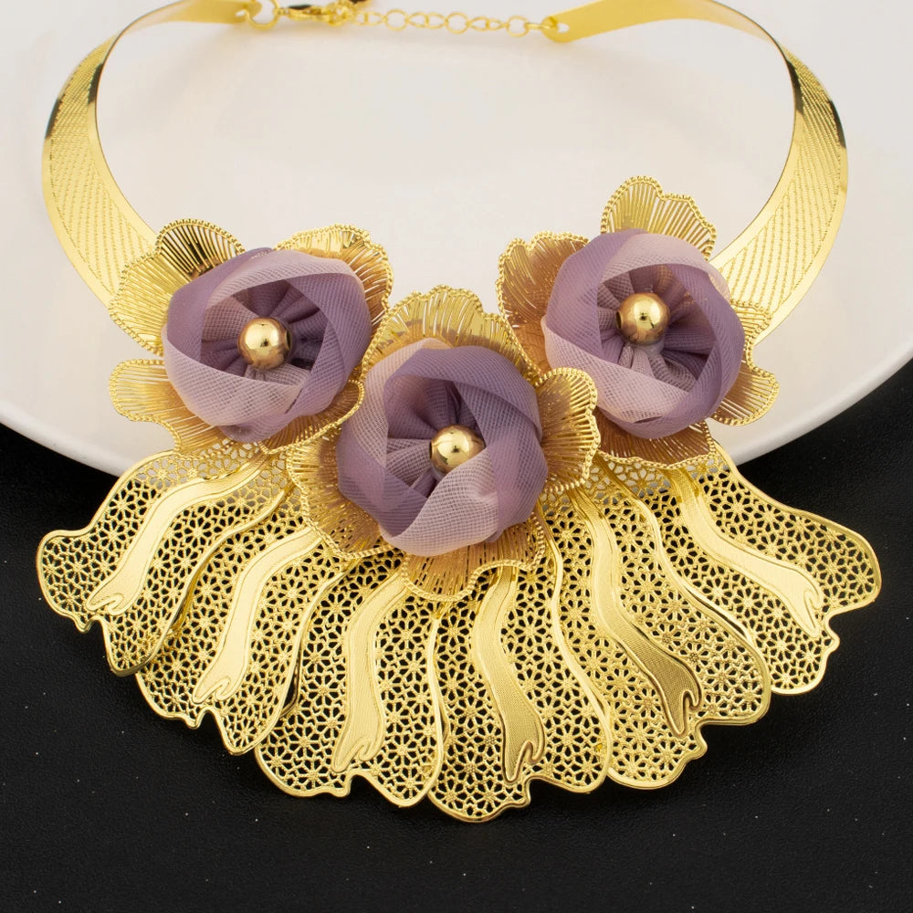 Luxury Noble Gold Plated Big Necklace Earrings Bracelet Ring for Women Purple Flower Shaped Jewelry Gift for Party Wedding