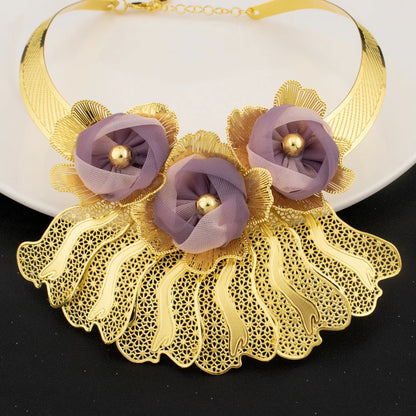 Luxury Noble Gold Plated Big Necklace Earrings Bracelet Ring for Women Purple Flower Shaped Jewelry Gift for Party Wedding