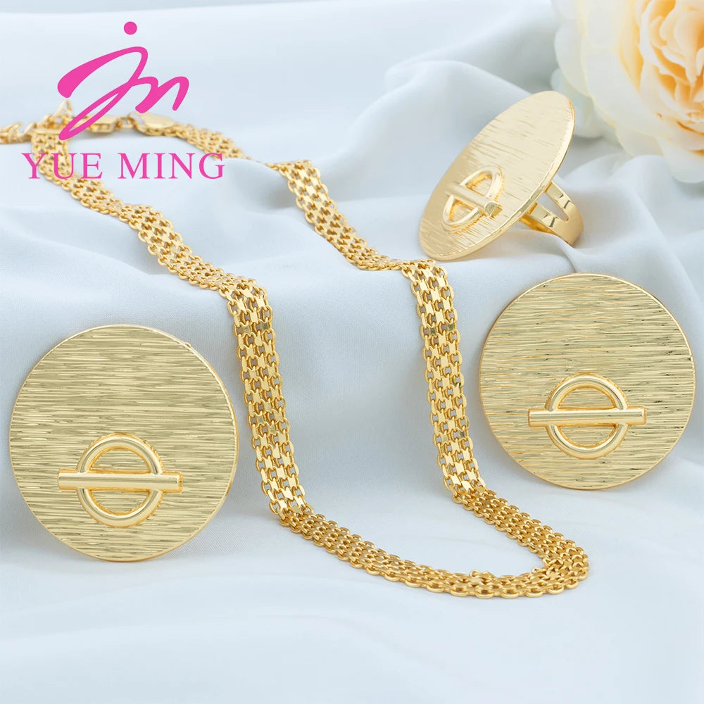 3PCS Jewelry Sets For Women 18K Gold Plated Luxury Jewelry Dubai Gold Color Necklace Round Earring Ring Trendy Jewelry Accessory - YUEMING JEWELRY