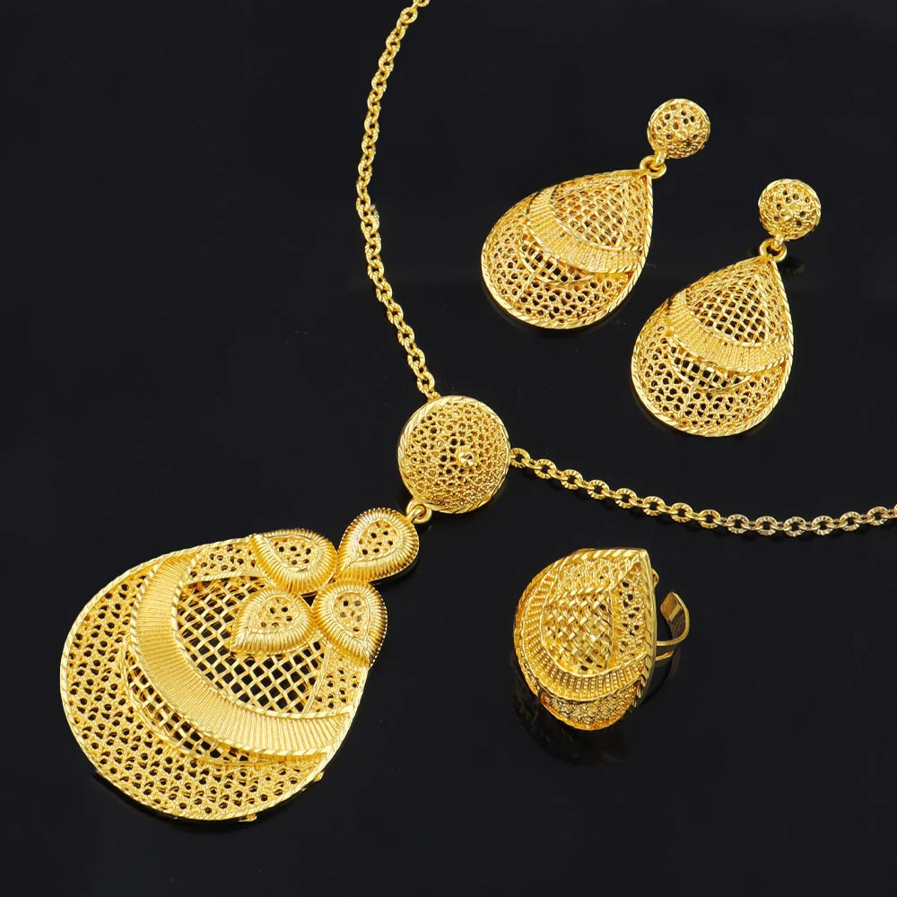 Dubai 24K Gold Color Geometry Necklace Earrings Ring Set  Elegant  Jewelry  For Women Two Piece Jewelry Wholesale free shipping