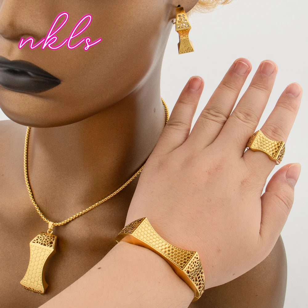 Italy  Plated Jewelry Sets For Women Fashion Jewelry Pendant Necklace Hoop Earrings Cuff Bracelet Ring Set Party Gift