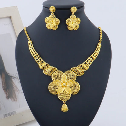 Dubai African 24K Gold Plated Flower Necklace Earrings Set for Women Gold Color Party Wedding Banquet Jewelry Jeweler Gift