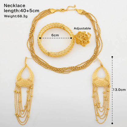 Ladies Elegant Party Jewelry African Gold Color Hoop Earrings and Chain Necklace Weddings Bridal Bangle Ring Jewelry Set Gifts