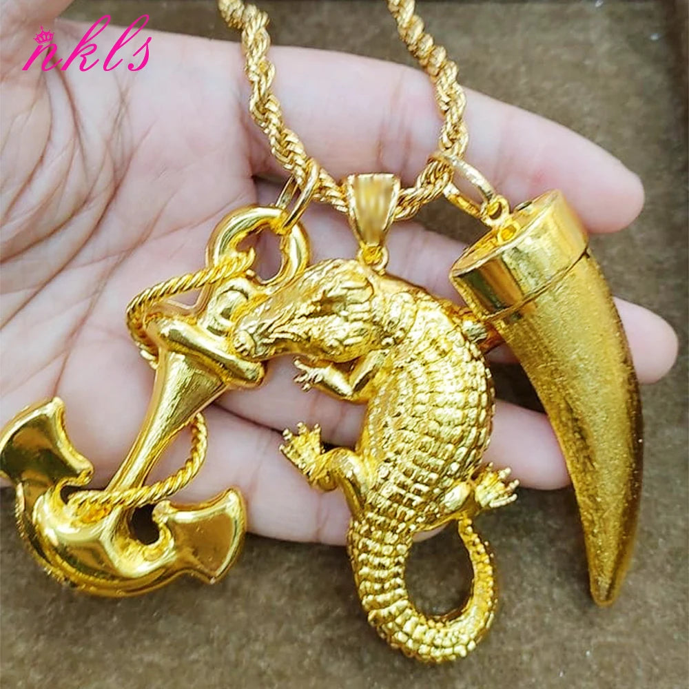 Plated African Dubai Men Head Pendant Necklace 60cm Chain Hip Hop Jewelry Gift