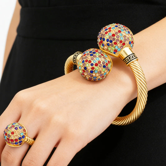 Fashion Colorful Zircon Cuff Bangle Ring Set for Women Dubai Gold Plated Jewelry Set African Wedding Bride Bangle with Ring Gift