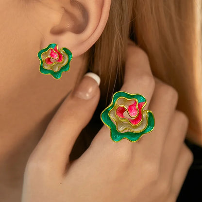 Vintage Enamel Flower oil painting Earrings and Ring Jewelry Set for Women New Design Fashion Jewellery Gift