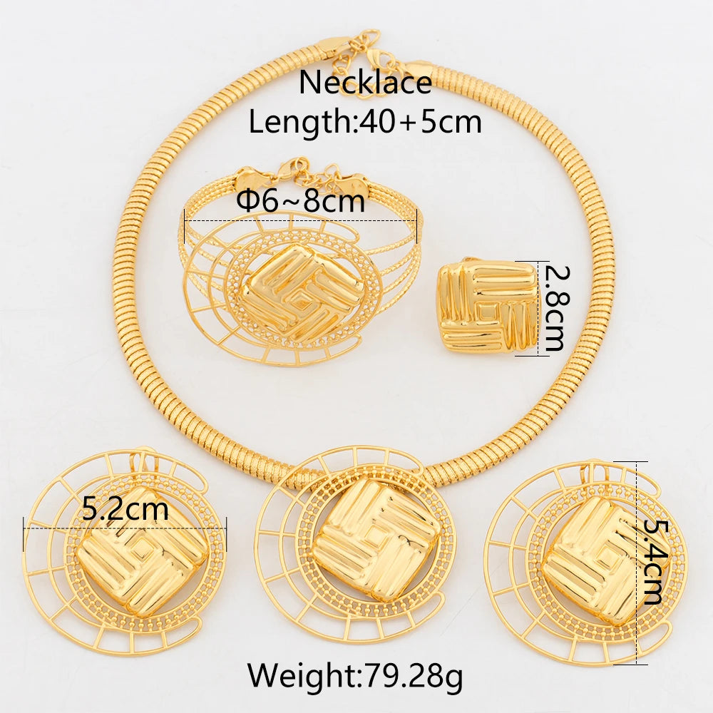 YM Jewelry Set for Women Copper Necklace Clip Earrings Geometry Pendant Gold Color Cuff Bangles Ring African Trendy Party Gifts - YUEMING JEWELRY