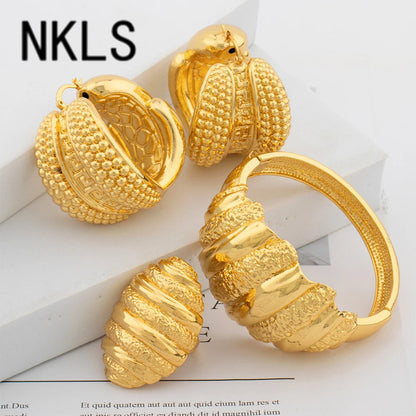 Luxury Hoop Earrings Cuff Bangle Fashion Ring Set African Gold Color Women's Jewelry Set Trendy Wedding Party Gift Jewellery Set
