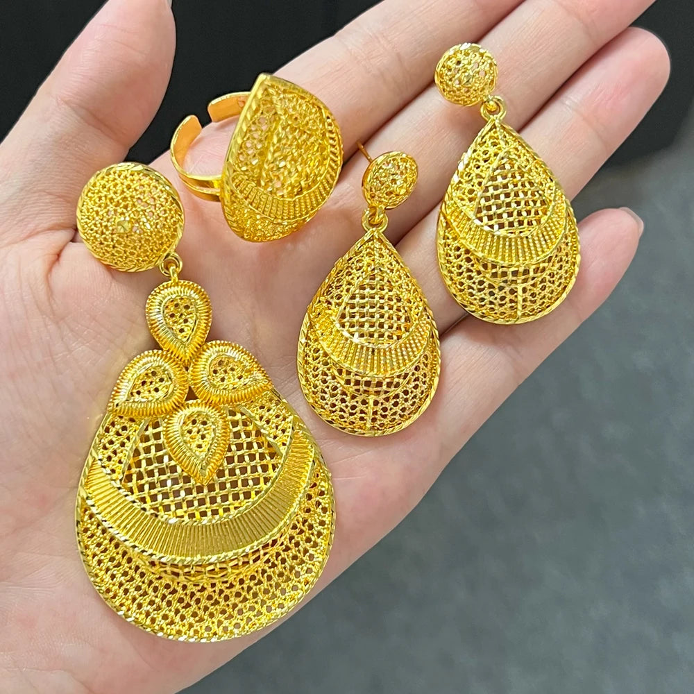 African-Inspired Drop Earrings & Necklace Set with Dubai-Style Ring, Arab Luxury Gold-Tone Jewelry for Women Gift