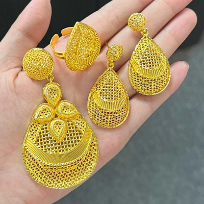 African-Inspired Drop Earrings & Necklace Set with Dubai-Style Ring, Arab Luxury Gold-Tone Jewelry for Women Gift